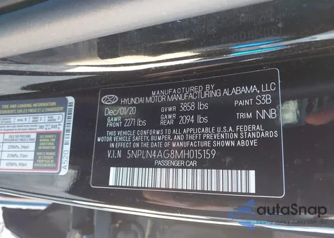 2021 Hyundai Elantra Sel z USA, uszkodzony, nr VIN 5NPLN4AG8MH015159